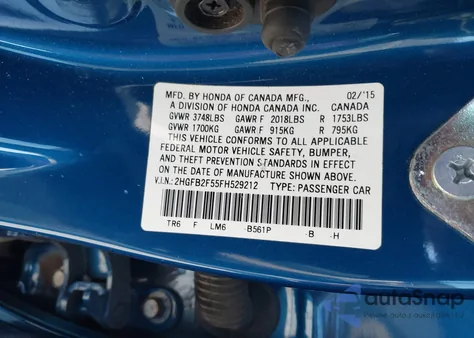 2015 Honda Civic Lx from USA, damaged, VIN 2HGFB2F55FH529212